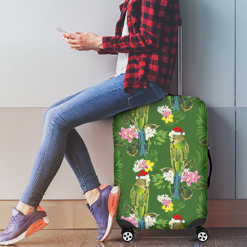Aussie Santa Budgie Christmas Luggage Cover Green Parakeet Tropical Floral