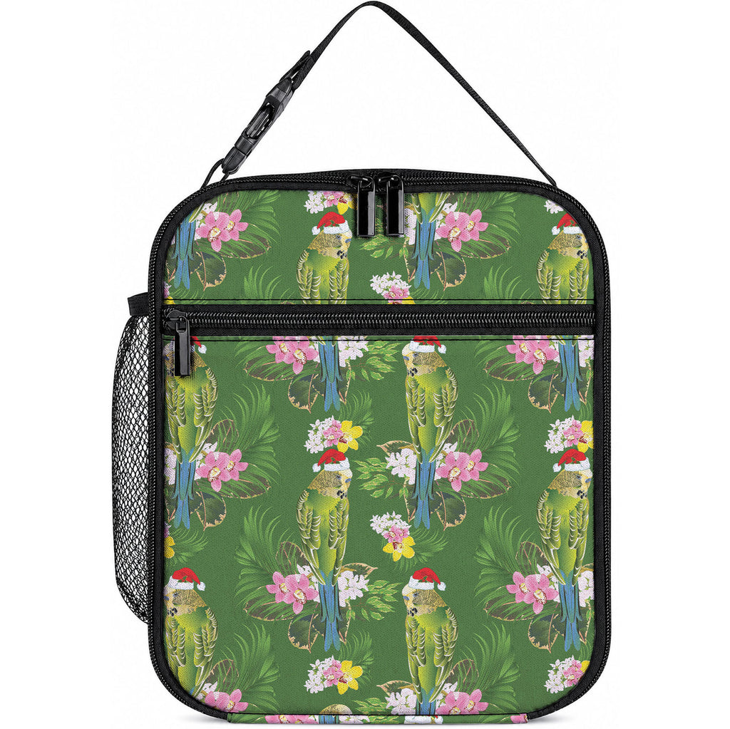 Aussie Santa Budgie Christmas Lunch Bag Green Parakeet Tropical Floral
