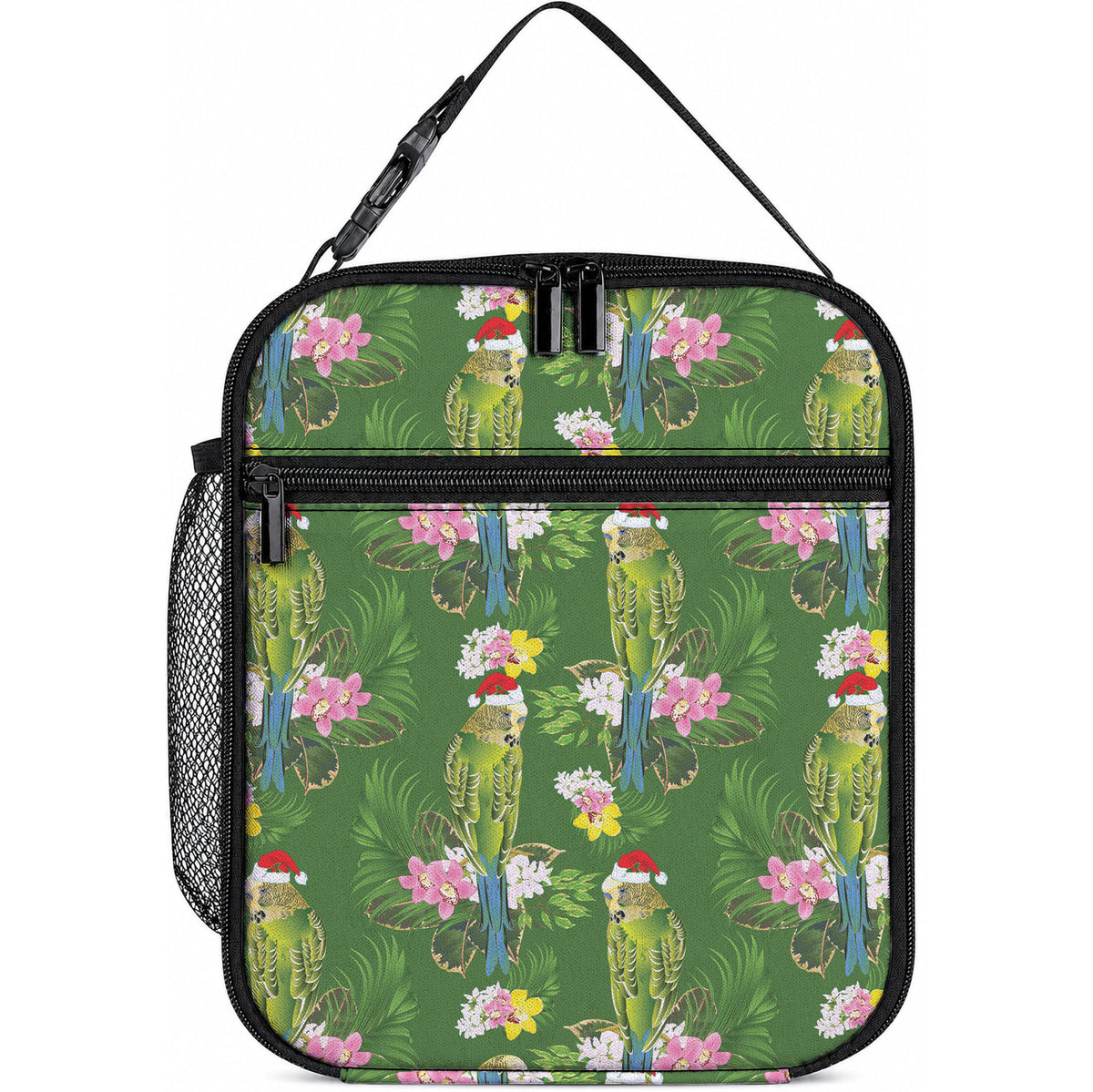 Aussie Santa Budgie Christmas Lunch Bag Green Parakeet Tropical Floral