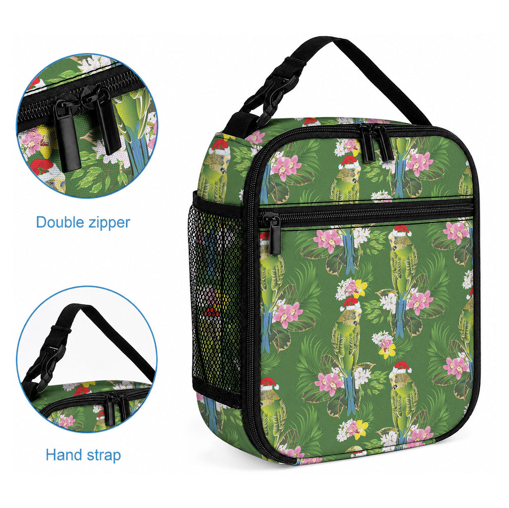Aussie Santa Budgie Christmas Lunch Bag Green Parakeet Tropical Floral
