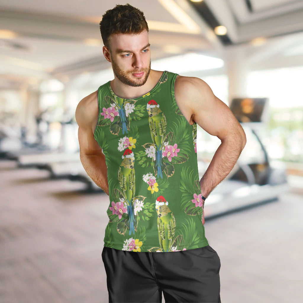 Aussie Santa Budgie Christmas Men Tank Top Green Parakeet Tropical Floral