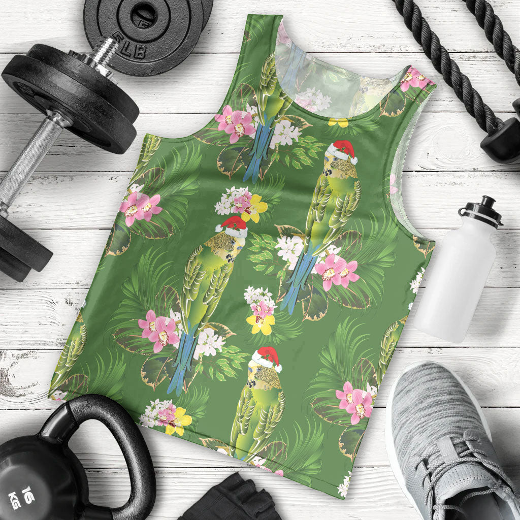 Aussie Santa Budgie Christmas Men Tank Top Green Parakeet Tropical Floral