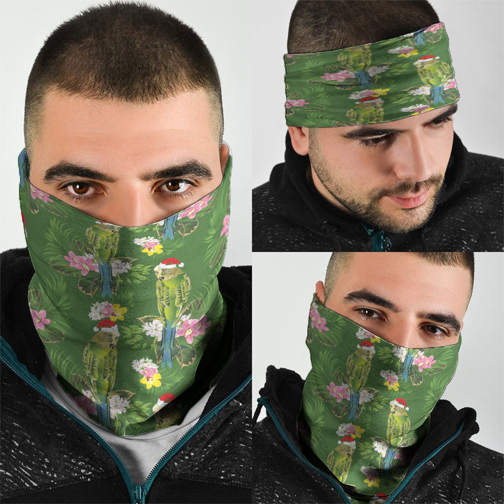Aussie Santa Budgie Christmas Neck Gaiter Green Parakeet Tropical Floral