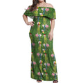 Aussie Santa Budgie Christmas Off Shoulder Maxi Dress Green Parakeet Tropical Floral