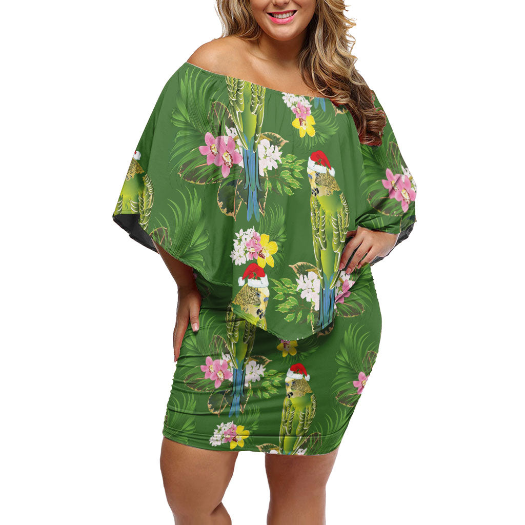 Aussie Santa Budgie Christmas Off Shoulder Short Dress Green Parakeet Tropical Floral