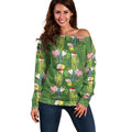 Aussie Santa Budgie Christmas Off Shoulder Sweater Green Parakeet Tropical Floral