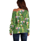 Aussie Santa Budgie Christmas Off Shoulder Sweater Green Parakeet Tropical Floral