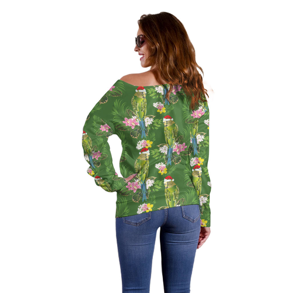 Aussie Santa Budgie Christmas Off Shoulder Sweater Green Parakeet Tropical Floral