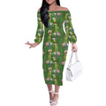 Aussie Santa Budgie Christmas Off The Shoulder Long Sleeve Dress Green Parakeet Tropical Floral