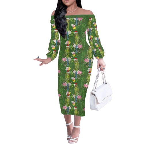 Aussie Santa Budgie Christmas Off The Shoulder Long Sleeve Dress Green Parakeet Tropical Floral