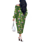 Aussie Santa Budgie Christmas Off The Shoulder Long Sleeve Dress Green Parakeet Tropical Floral