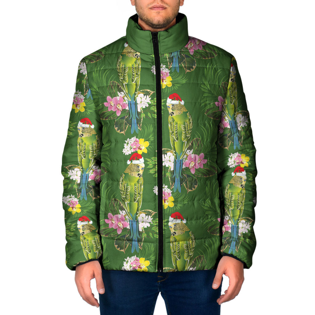 Aussie Santa Budgie Christmas Padded Jacket Green Parakeet Tropical Floral
