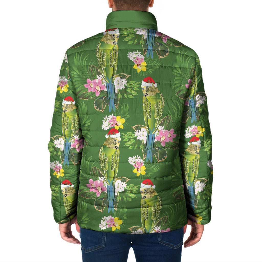 Aussie Santa Budgie Christmas Padded Jacket Green Parakeet Tropical Floral
