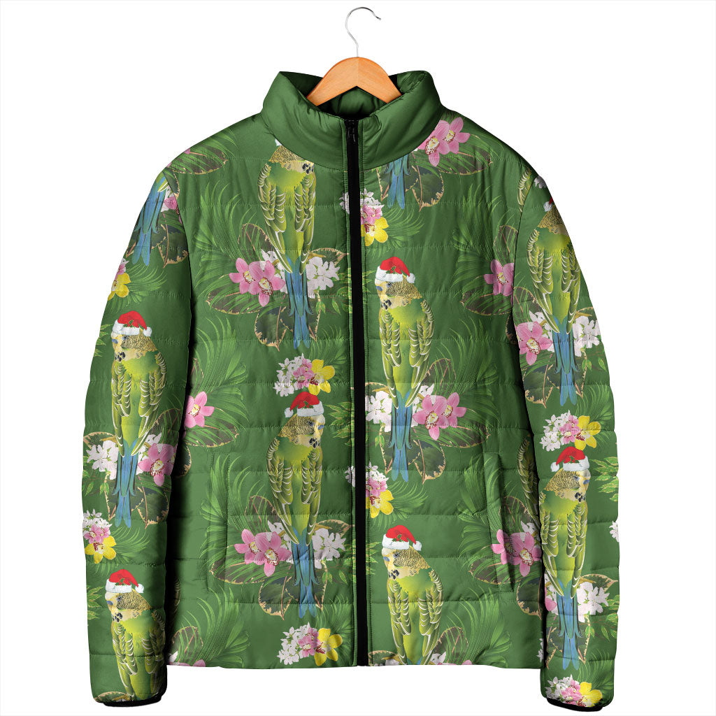 Aussie Santa Budgie Christmas Padded Jacket Green Parakeet Tropical Floral