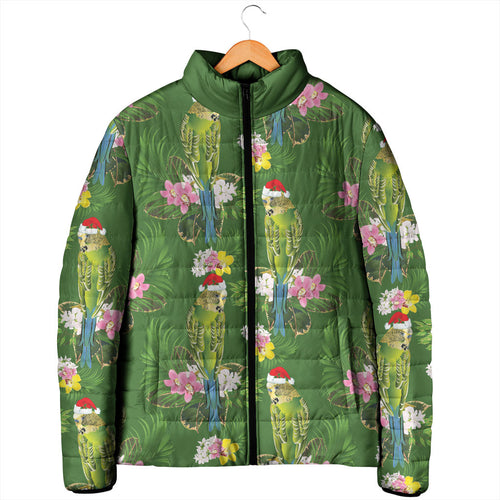Aussie Santa Budgie Christmas Padded Jacket Green Parakeet Tropical Floral