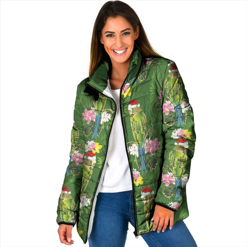 Aussie Santa Budgie Christmas Padded Jacket Green Parakeet Tropical Floral