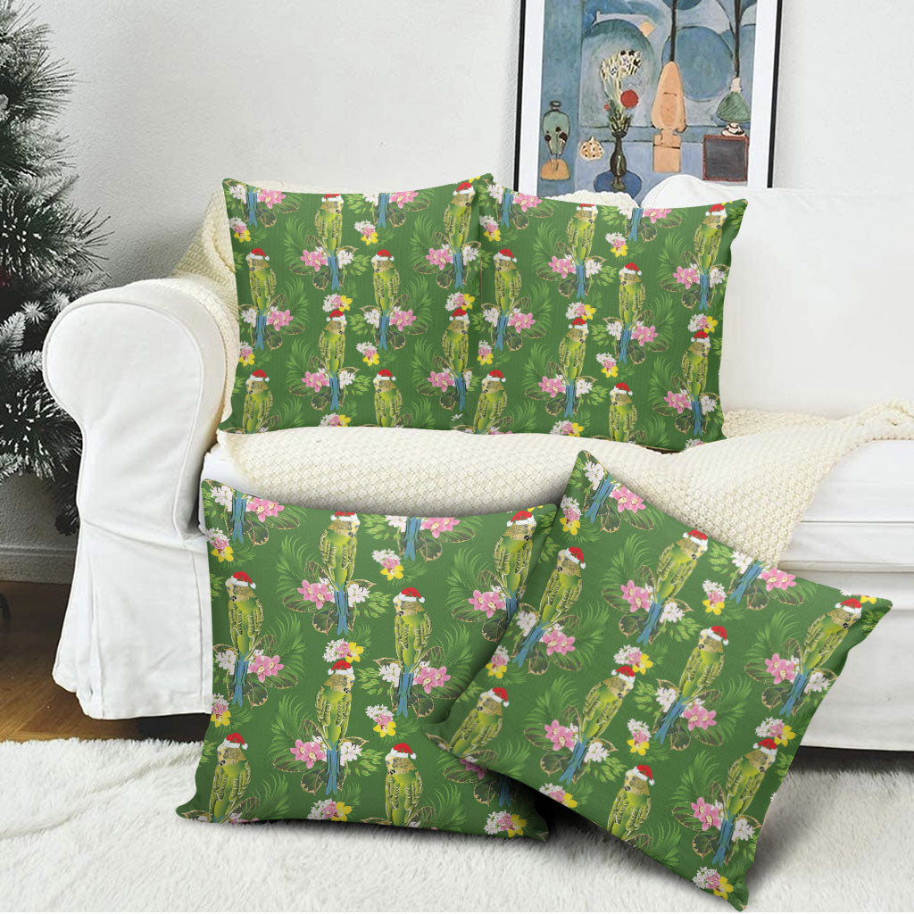 Aussie Santa Budgie Christmas Pillow Cover Green Parakeet Tropical Floral
