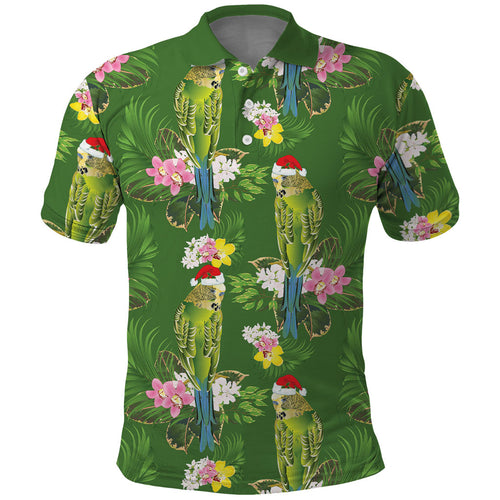 Aussie Santa Budgie Christmas Polo Shirt Green Parakeet Tropical Floral