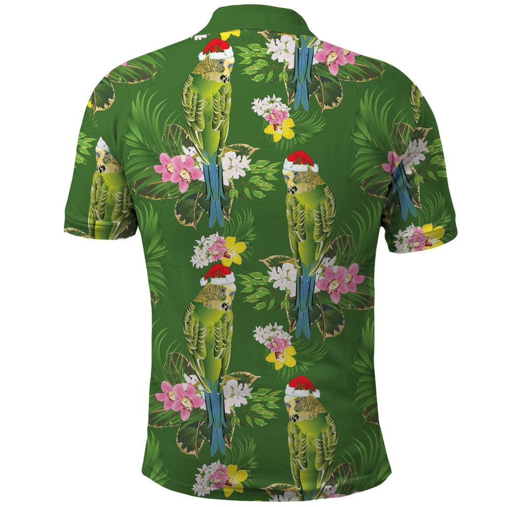 Aussie Santa Budgie Christmas Polo Shirt Green Parakeet Tropical Floral