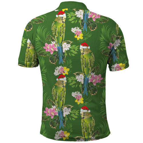 Aussie Santa Budgie Christmas Polo Shirt Green Parakeet Tropical Floral