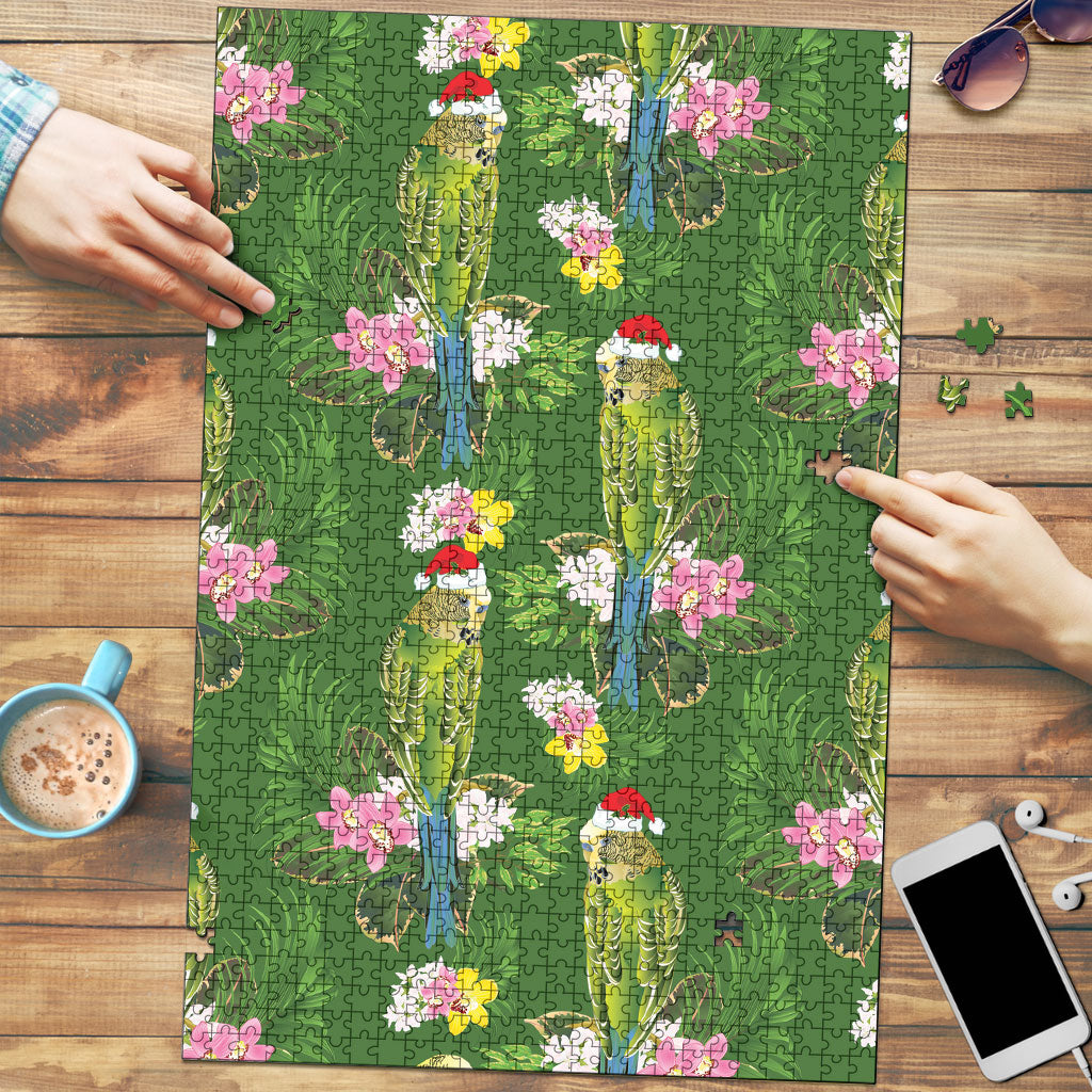 Aussie Santa Budgie Christmas Puzzle Green Parakeet Tropical Floral