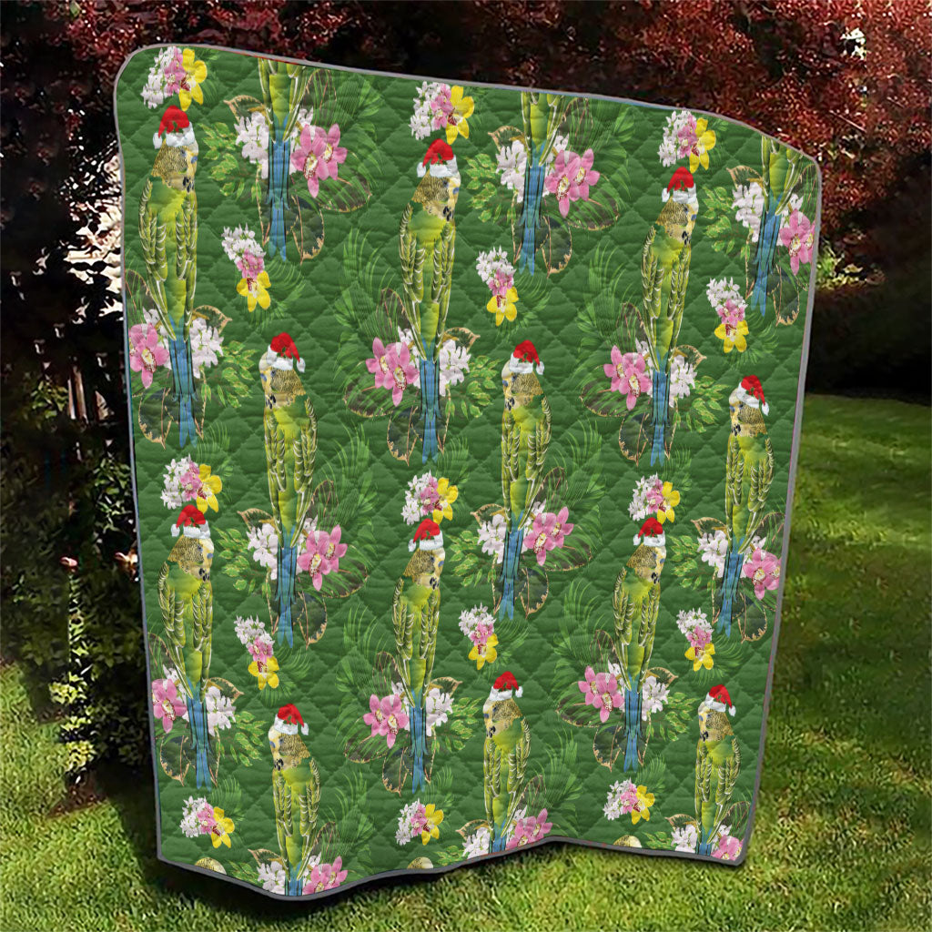 Aussie Santa Budgie Christmas Quilt Green Parakeet Tropical Floral