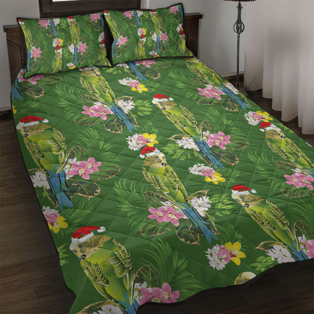 Aussie Santa Budgie Christmas Quilt Bed Set Green Parakeet Tropical Floral