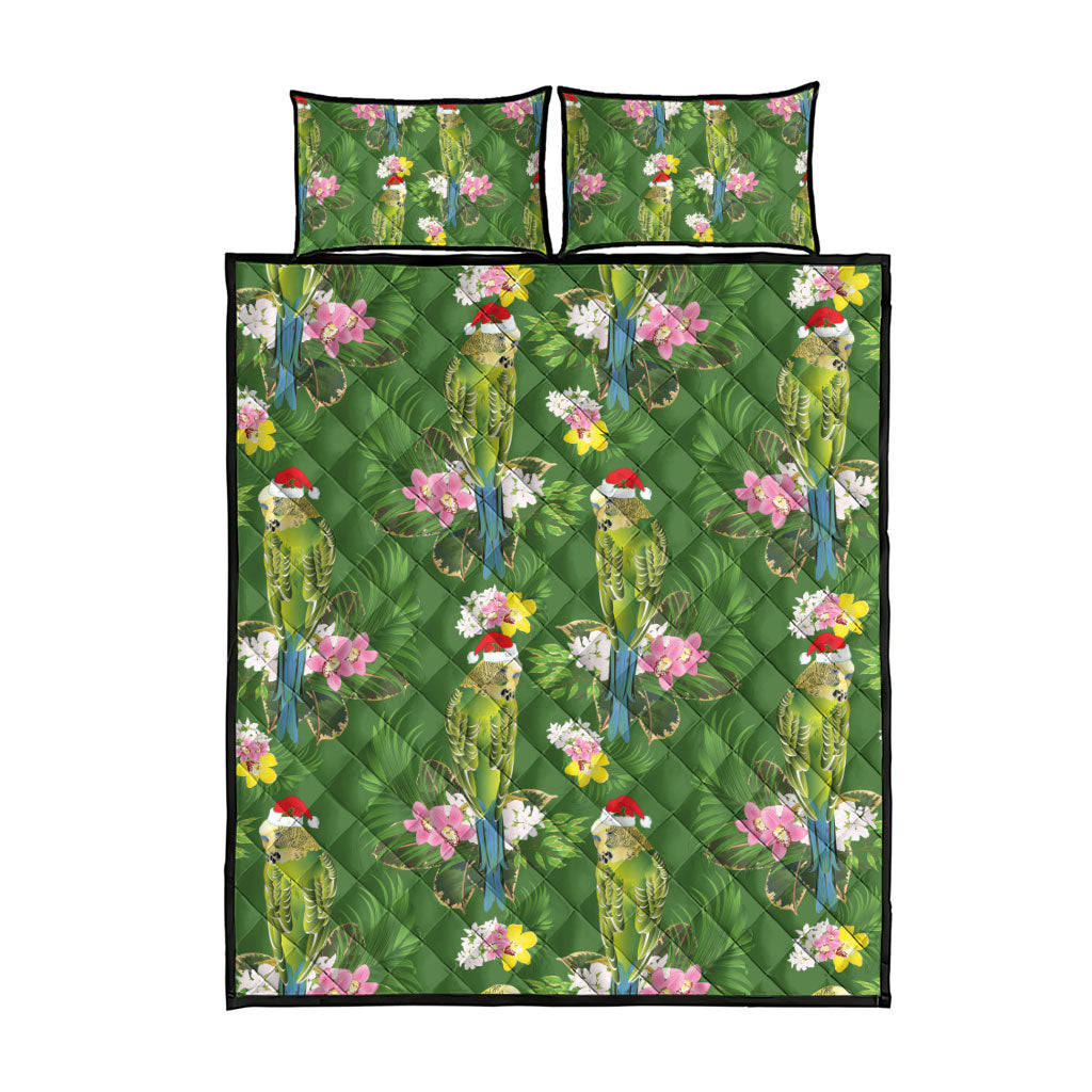 Aussie Santa Budgie Christmas Quilt Bed Set Green Parakeet Tropical Floral