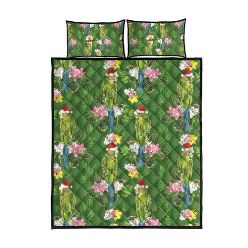 Aussie Santa Budgie Christmas Quilt Bed Set Green Parakeet Tropical Floral