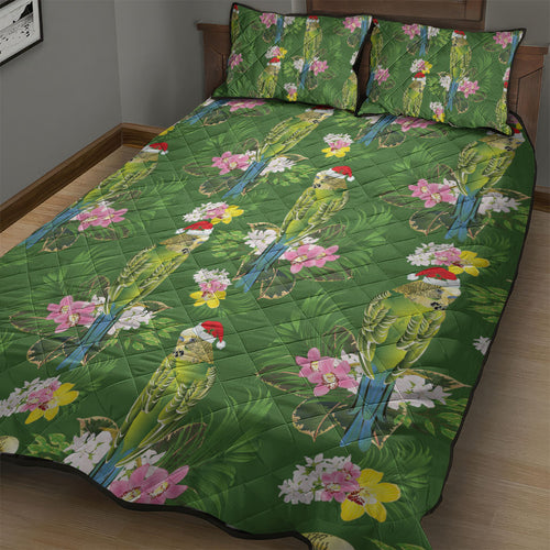 Aussie Santa Budgie Christmas Quilt Bed Set Green Parakeet Tropical Floral