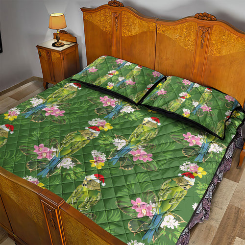 Aussie Santa Budgie Christmas Quilt Bed Set Green Parakeet Tropical Floral