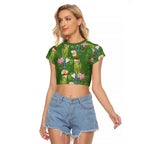 Aussie Santa Budgie Christmas Raglan Cropped T Shirt Green Parakeet Tropical Floral