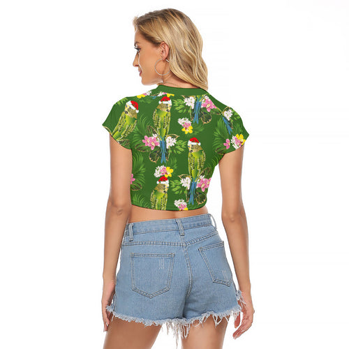 Aussie Santa Budgie Christmas Raglan Cropped T Shirt Green Parakeet Tropical Floral