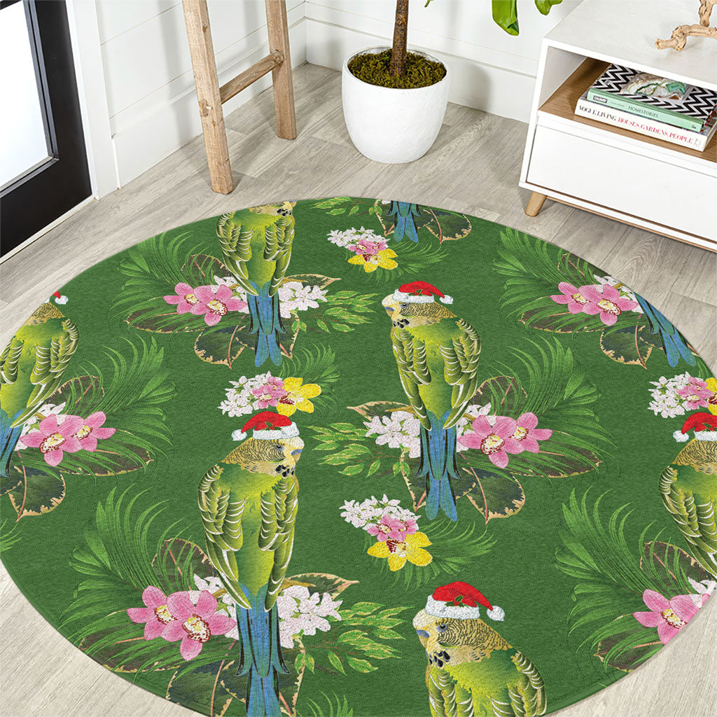 Aussie Santa Budgie Christmas Round Carpet Green Parakeet Tropical Floral