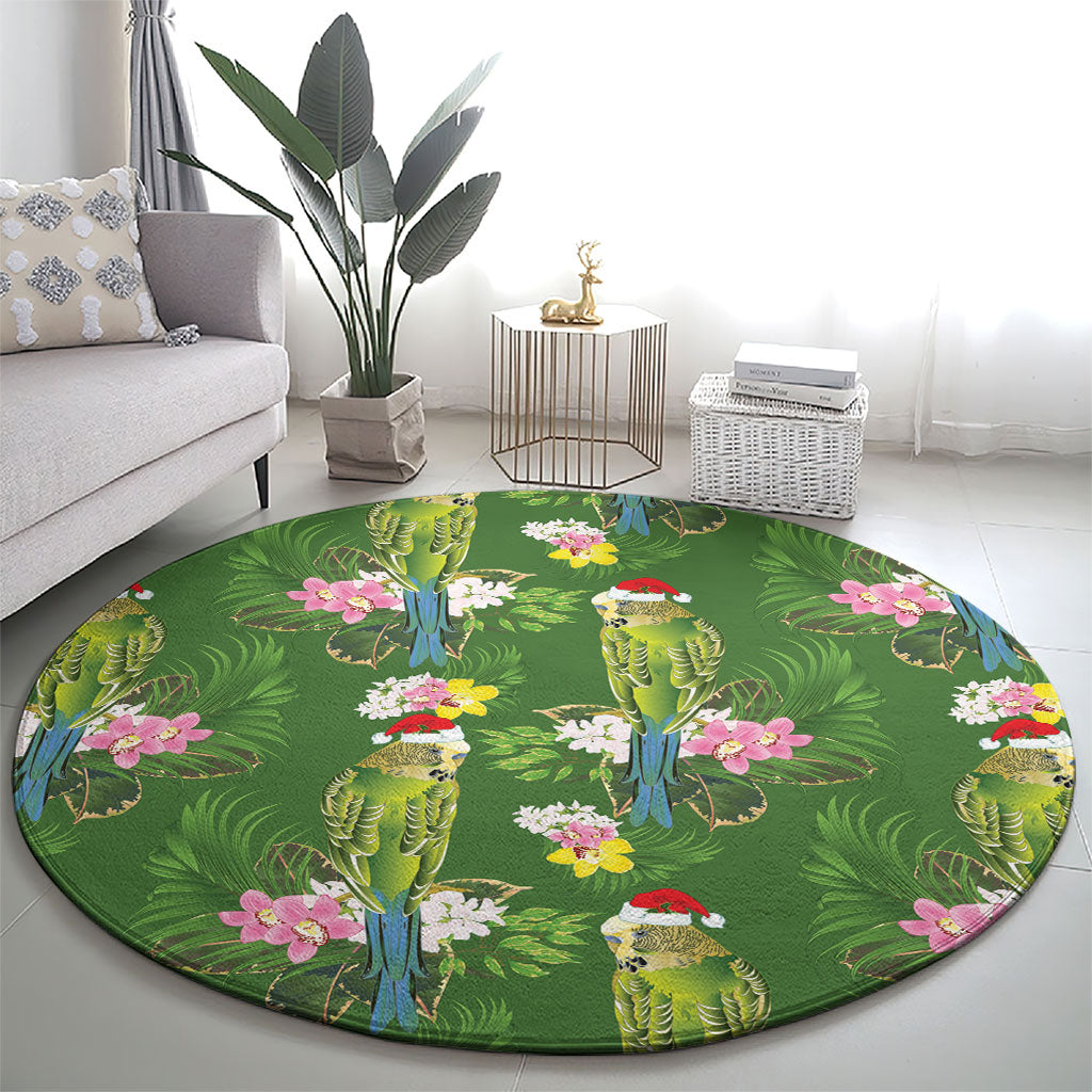 Aussie Santa Budgie Christmas Round Carpet Green Parakeet Tropical Floral
