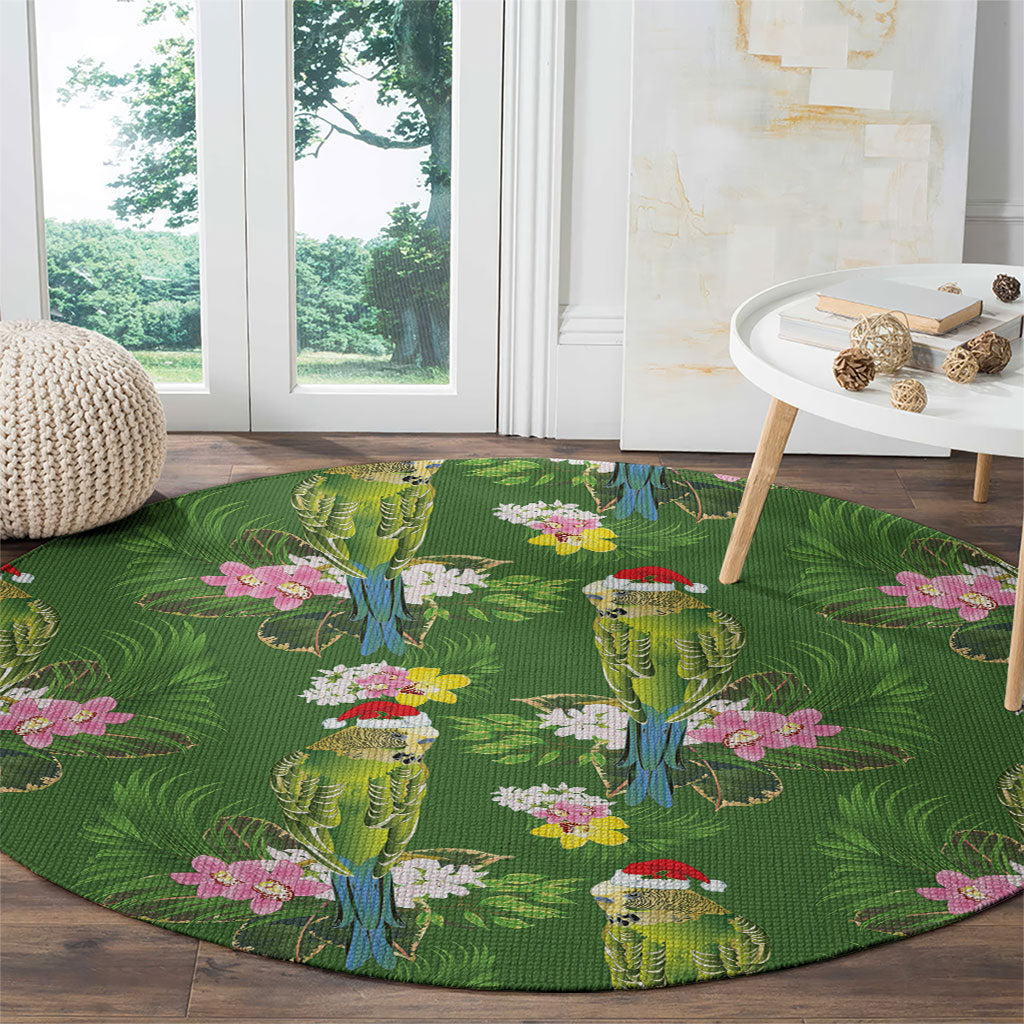Aussie Santa Budgie Christmas Round Carpet Green Parakeet Tropical Floral
