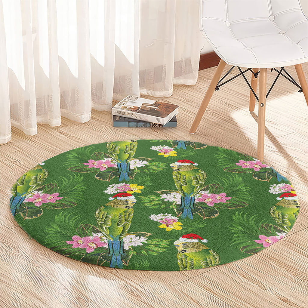 Aussie Santa Budgie Christmas Round Carpet Green Parakeet Tropical Floral