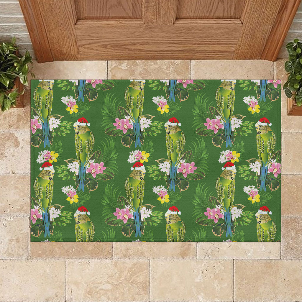 Aussie Santa Budgie Christmas Rubber Doormat Green Parakeet Tropical Floral
