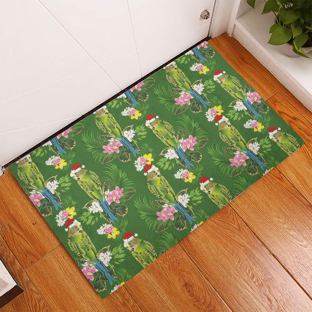 Aussie Santa Budgie Christmas Rubber Doormat Green Parakeet Tropical Floral