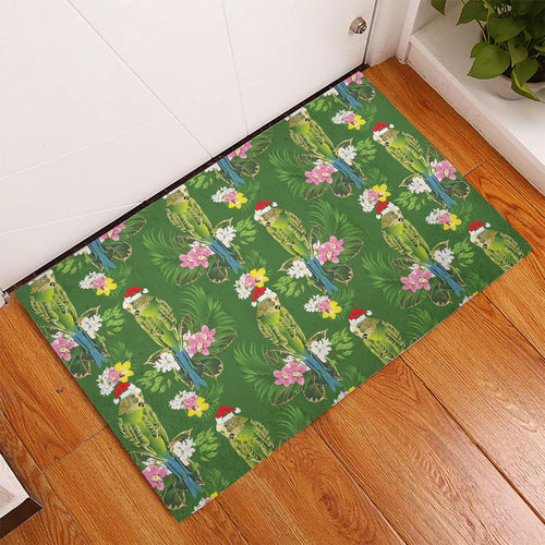 Aussie Santa Budgie Christmas Rubber Doormat Green Parakeet Tropical Floral