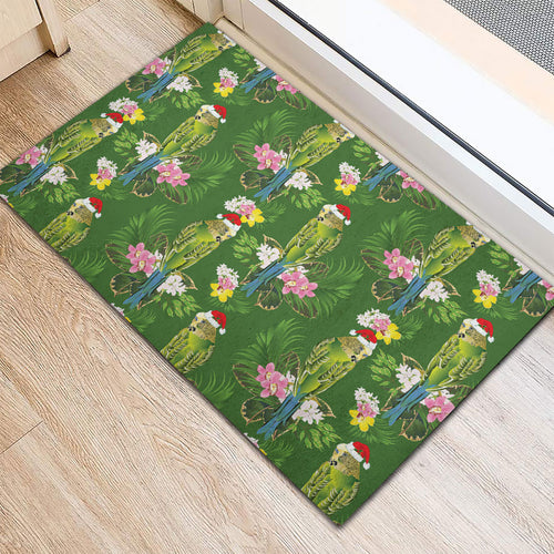 Aussie Santa Budgie Christmas Rubber Doormat Green Parakeet Tropical Floral