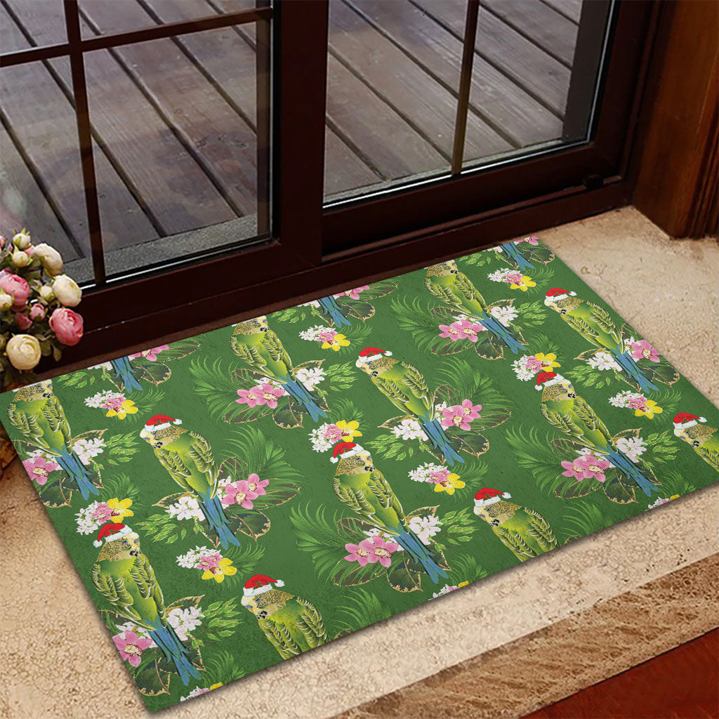Aussie Santa Budgie Christmas Rubber Doormat Green Parakeet Tropical Floral