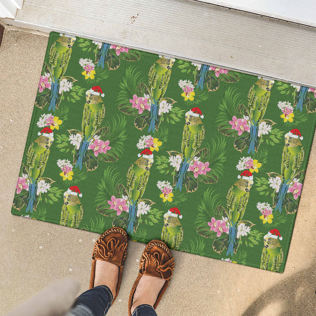 Aussie Santa Budgie Christmas Rubber Doormat Green Parakeet Tropical Floral