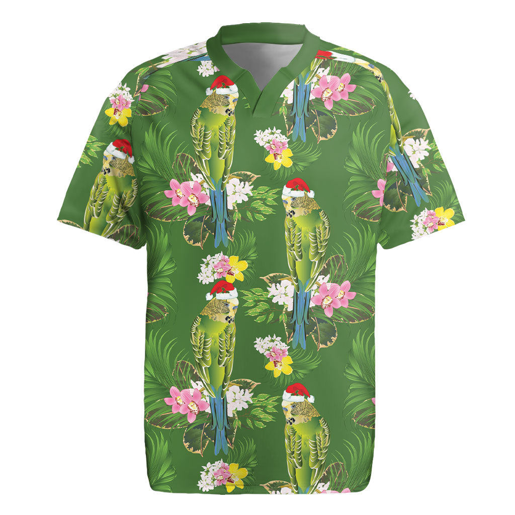 Aussie Santa Budgie Christmas Rugby Jersey Green Parakeet Tropical Floral