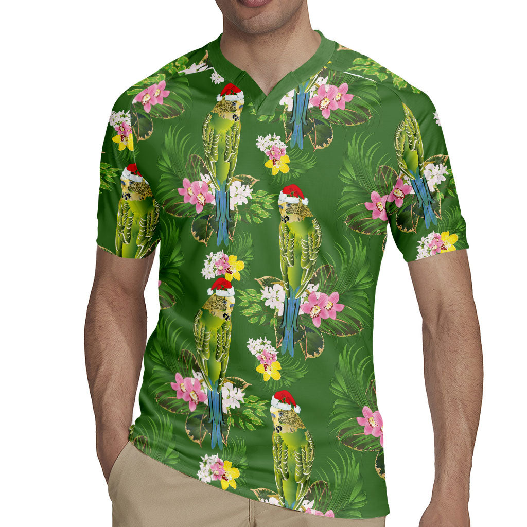 Aussie Santa Budgie Christmas Rugby Jersey Green Parakeet Tropical Floral