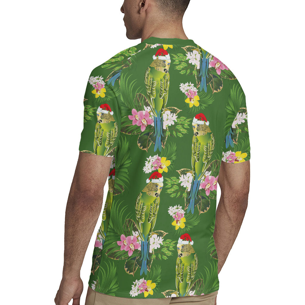 Aussie Santa Budgie Christmas Rugby Jersey Green Parakeet Tropical Floral