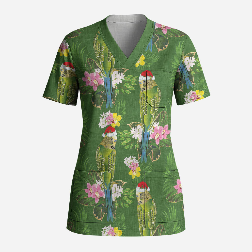 Aussie Santa Budgie Christmas Scrub Top Green Parakeet Tropical Floral