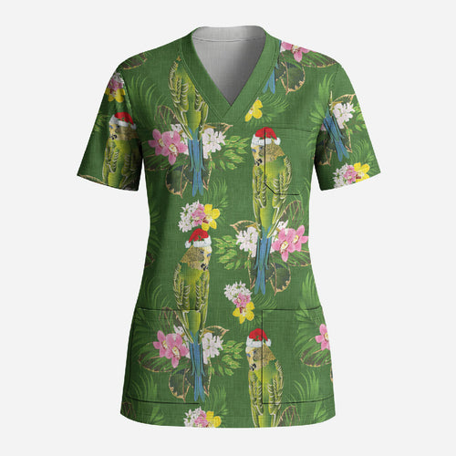 Aussie Santa Budgie Christmas Scrub Top Green Parakeet Tropical Floral