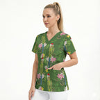 Aussie Santa Budgie Christmas Scrub Top Green Parakeet Tropical Floral