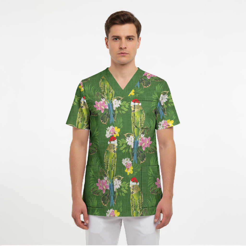 Aussie Santa Budgie Christmas Scrub Top Green Parakeet Tropical Floral